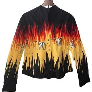 VTG Roper Women's Rodeo Shirt S Pearl Buttons Flames Steer Skull Rope